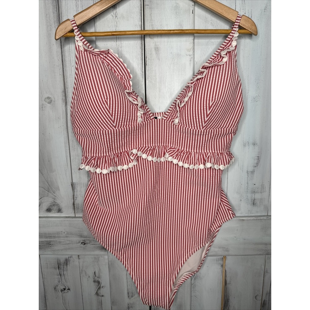 NWT J CREW PINK WHITE SEERSUCKER STRIPED RUFFLE TRIM ONE PIECE SWIMSUIT SIZE 12